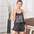 Shein Letter Print Cami Top And Ruffle Trim Shorts Pj Set