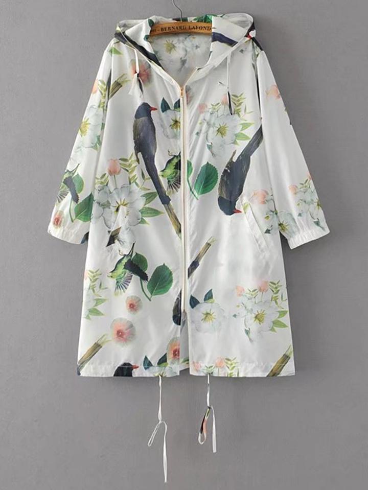 Shein Drawstring Hooded Long Coat With Pockets