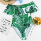 Shein Plus Jungle Leaf Print Flounce Bardot Swimsuit