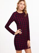 Shein Navy And Red Grid Raglan Sleeve Bodycon Dress