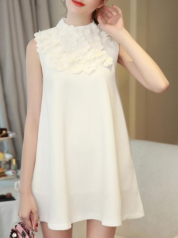 Shein White Flowers Beading A-line Dress
