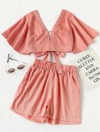 Shein Plunging V-neckline Knot Back Crop Top With Shorts