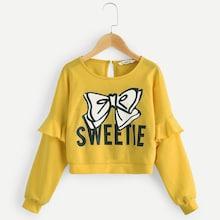 Shein Girls Bow And Letter Print Keyhole Back Tee