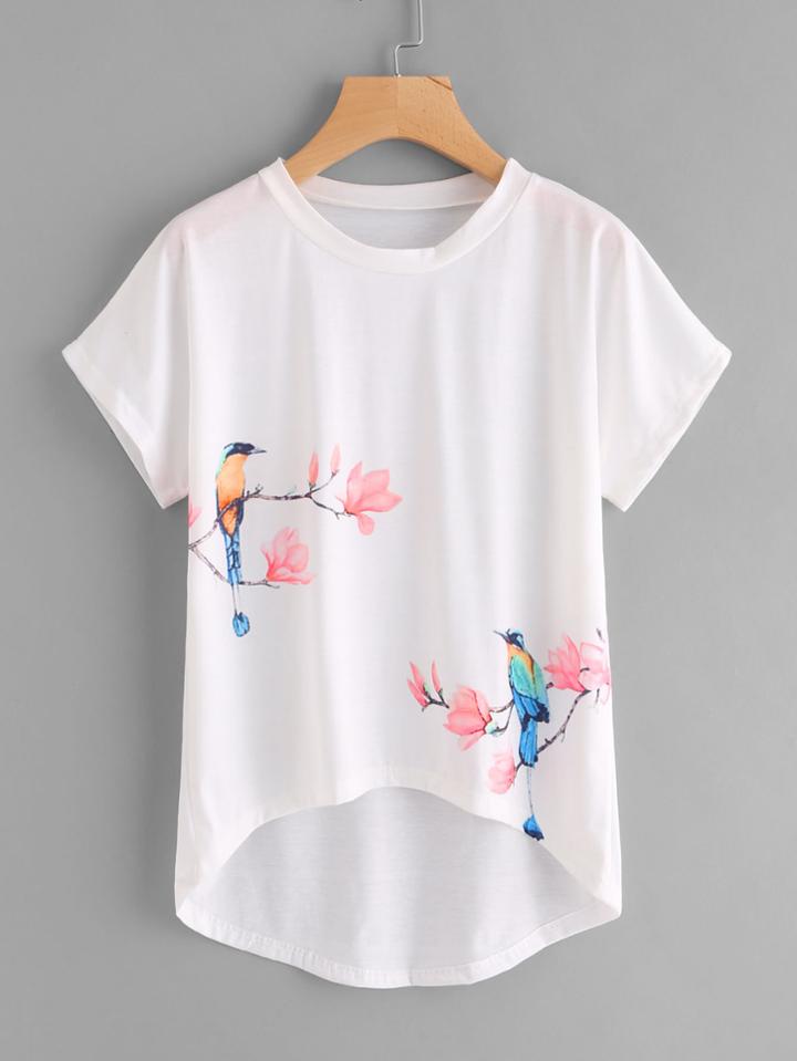 Shein Flower And Birds Print Dip Hem Tee