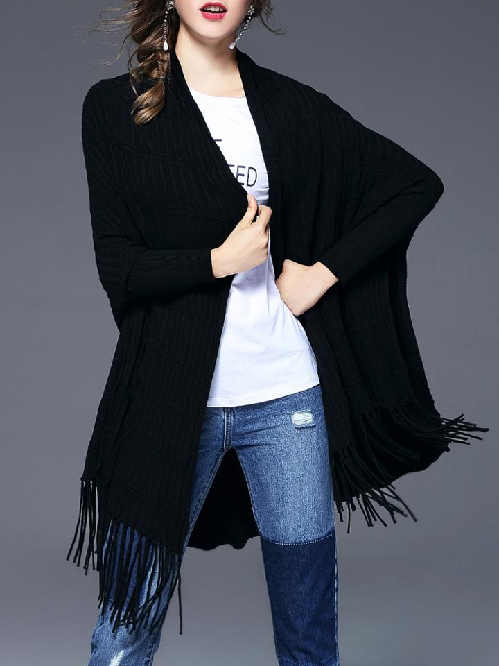 Shein Long Sleeve Pleated Fringe Cardigan