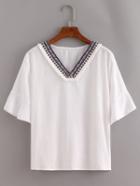 Shein White V Neck Embroidered Ruffle Sleeve Shirt