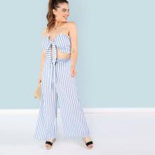 Shein Plus Frill Trim Knot Front Crop Top & Belted Pants Set