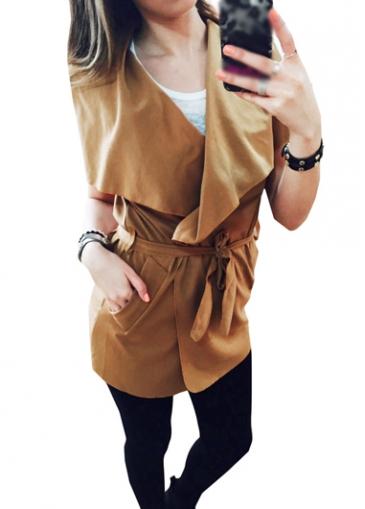 Rosewe Pocket Design Belted Khaki Sleeveless Trench Coat