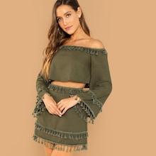 Shein Bell Sleeve Tassel Trim Crop Bardot Top & Skirt Set