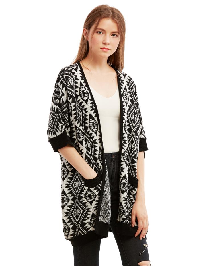 Shein Black And White Half Sleeve Pockets Sweater Cardigan