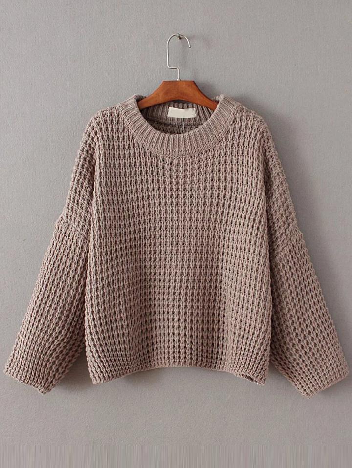 Shein Coffee Waffle Knit Drop Shoulder Sweater