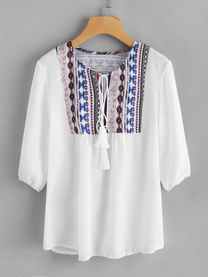 Shein Aztec Print Tassel Tie Blouse