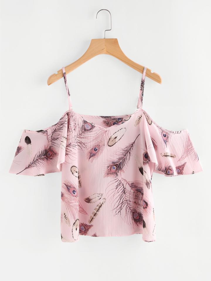 Shein Random Feather Print Cold Shoulder Top