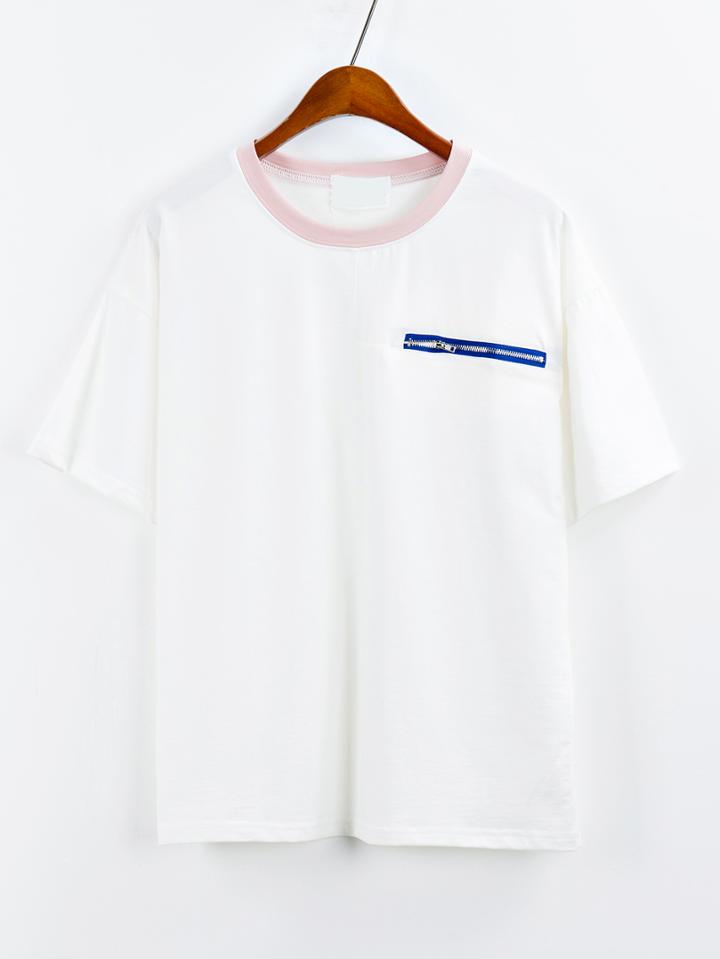Shein White Contrast Zipper T-shirt