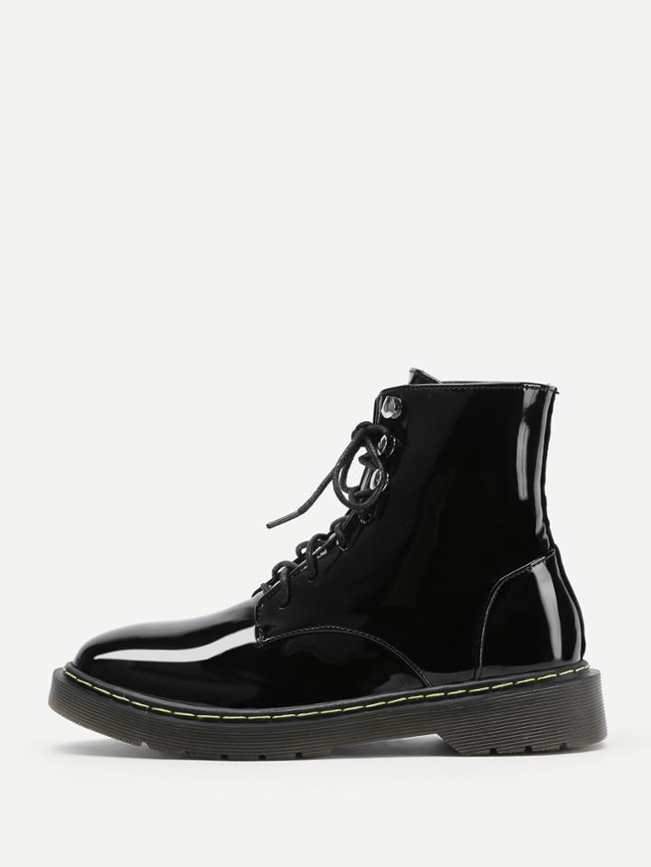 Shein Lace Up Patent Leather Ankle Boots