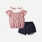 Shein Girls Floral Print Cami Top With Contrast Lace Shorts