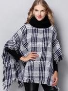 Shein Grey Round Neck Houndstooth Tassel Cape Coat