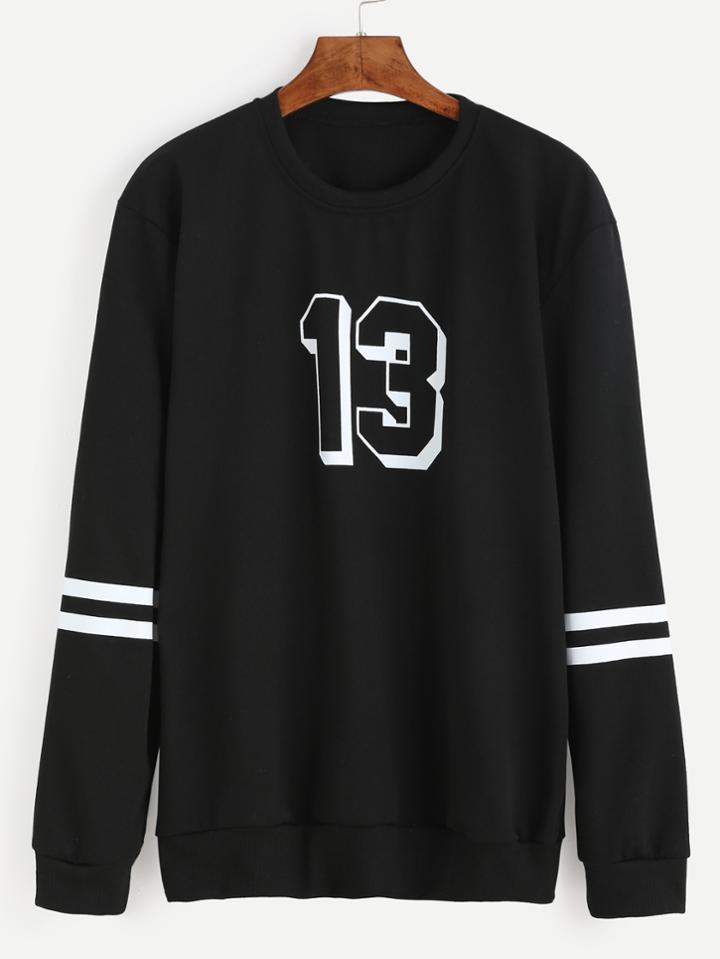 Shein Black Number Print Varsity Striped Sweatshirt