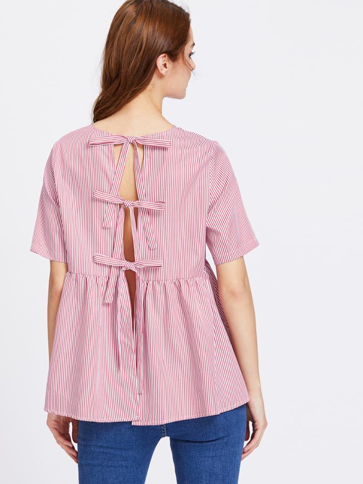 Shein Split Bow Tie Back Striped Babydoll Top