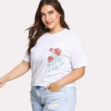 Shein Plus Rose Print Short Sleeve T-shirt