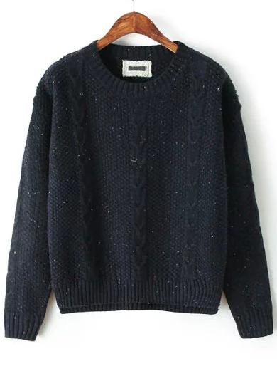 Shein Navy Round Neck Classical Cable Knit Sweater