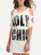 Shein Letter Print Cutout Shoulder T-shirt Dress - White