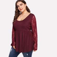 Shein Plus Lace Sleeve Pep Hem Tee