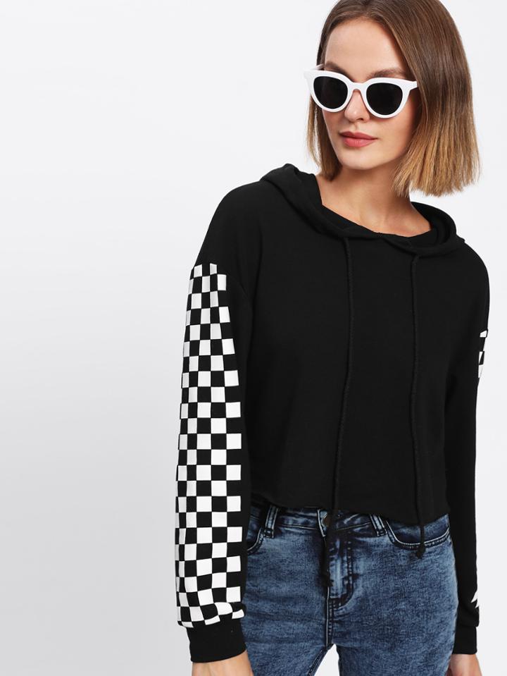 Shein Check Print Raw Hem Hoodie