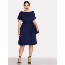 Shein Plus Boat Neck Self Tie Waist Dress