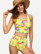 Shein Yellow Lemon Print High Waist Bikini Set