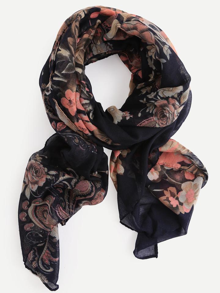 Shein Black Floral Print Voile Scarf