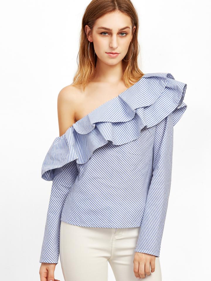 Shein Blue Striped One Shoulder Ruffle Top