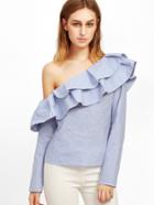 Shein Blue Striped One Shoulder Ruffle Top