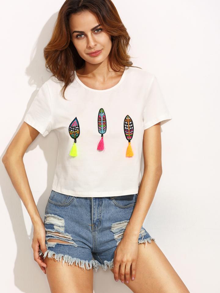 Shein White Embroidery Fringe T-shirt