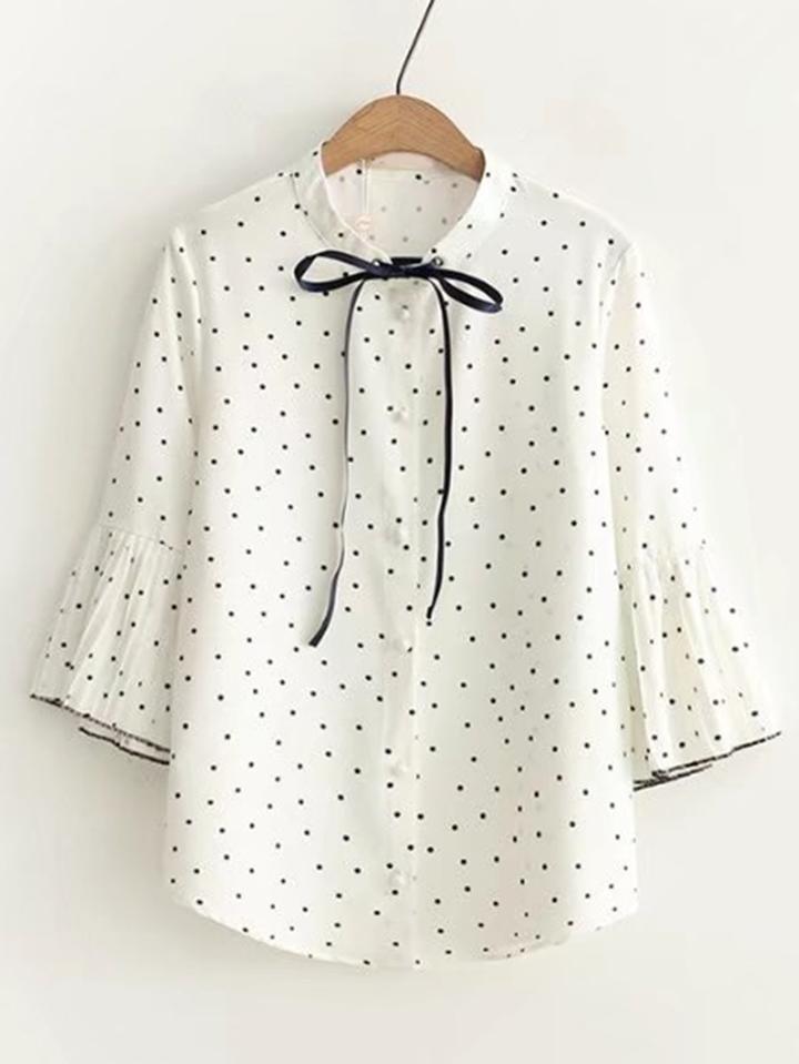 Shein Tie Neck Bell Sleeve Polka Dot Blouse
