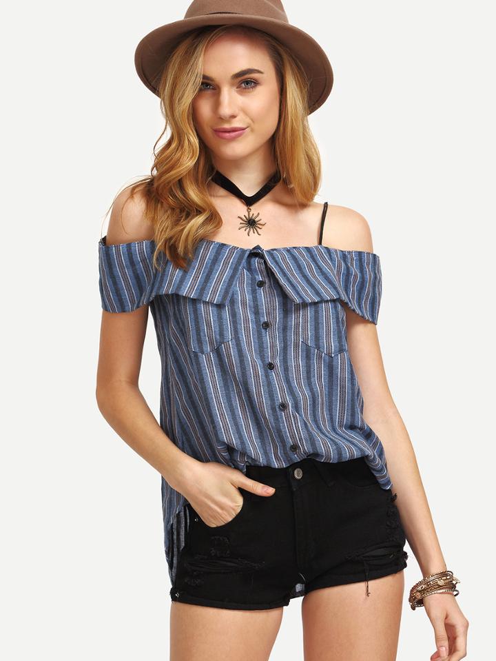 Shein Multicolor Vertical Striped Fold Over Cold Shoulder Blouse