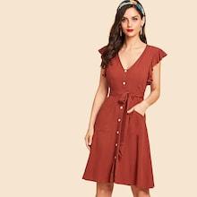 Shein Belted Button Up Ruffle Cuff Dress