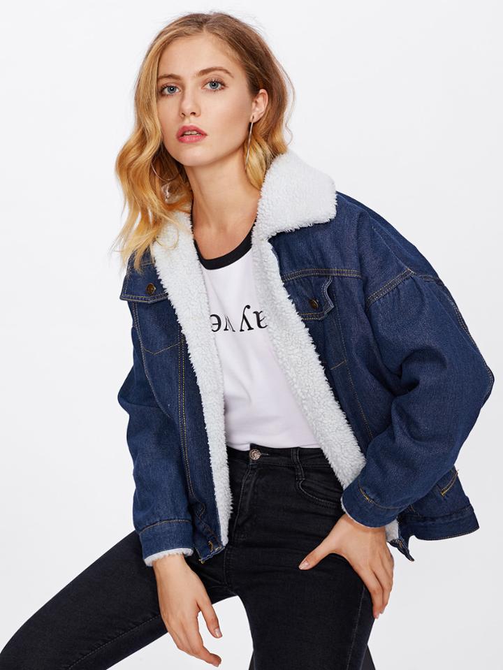 Shein Denim Contrast Faux Shearling Jacket