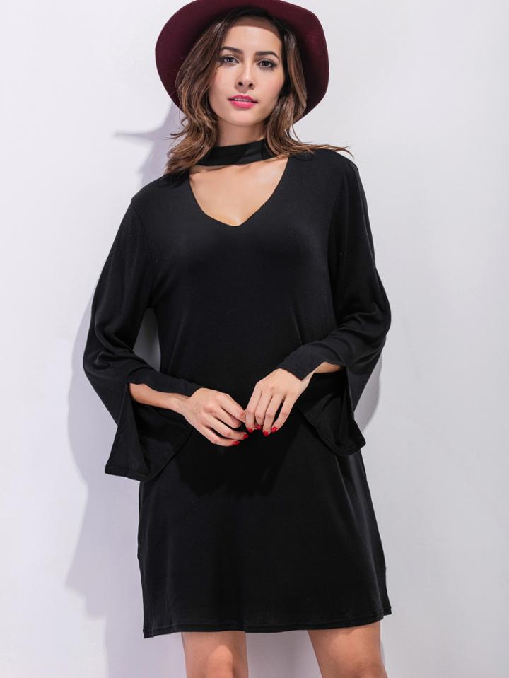 Shein Black Cut Out Choker Neck Slit Sleeve Shift Dress