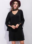 Shein Black Cut Out Choker Neck Slit Sleeve Shift Dress