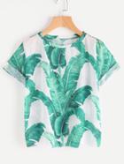 Shein Jungle Leaf Print Cuffed Sleeve T-shirt