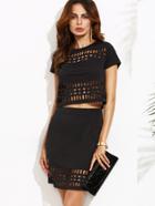 Shein Black Short Sleeve Hollow Crop Top With Skirt