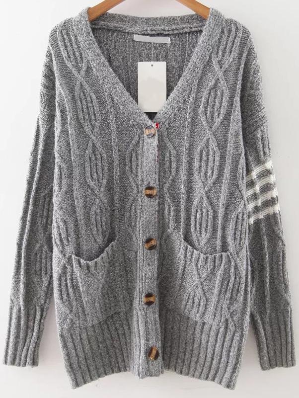 Shein Grey Striped Detail Button Up Cardigan
