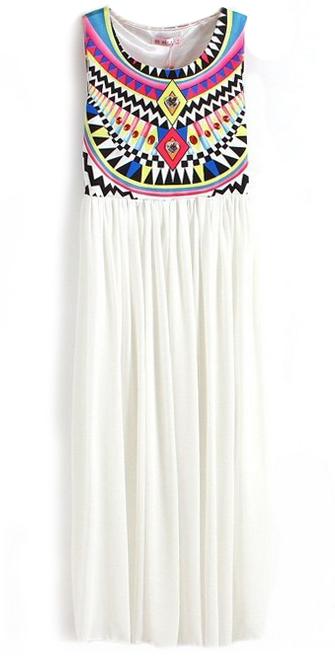 Shein White Fling Sleeveless Geometric Tribal Print Chiffon Dress