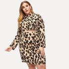 Shein Plus Mock-neck Leopard Print Top And Skirt Set