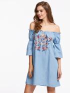 Shein Bardot Flower Embroidery Denim Dress