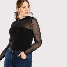 Shein Plus Striped Mesh Shoulder Fitted Top