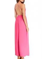 Rosewe Pink V Neck Open Back Chiffon Maxi Dress