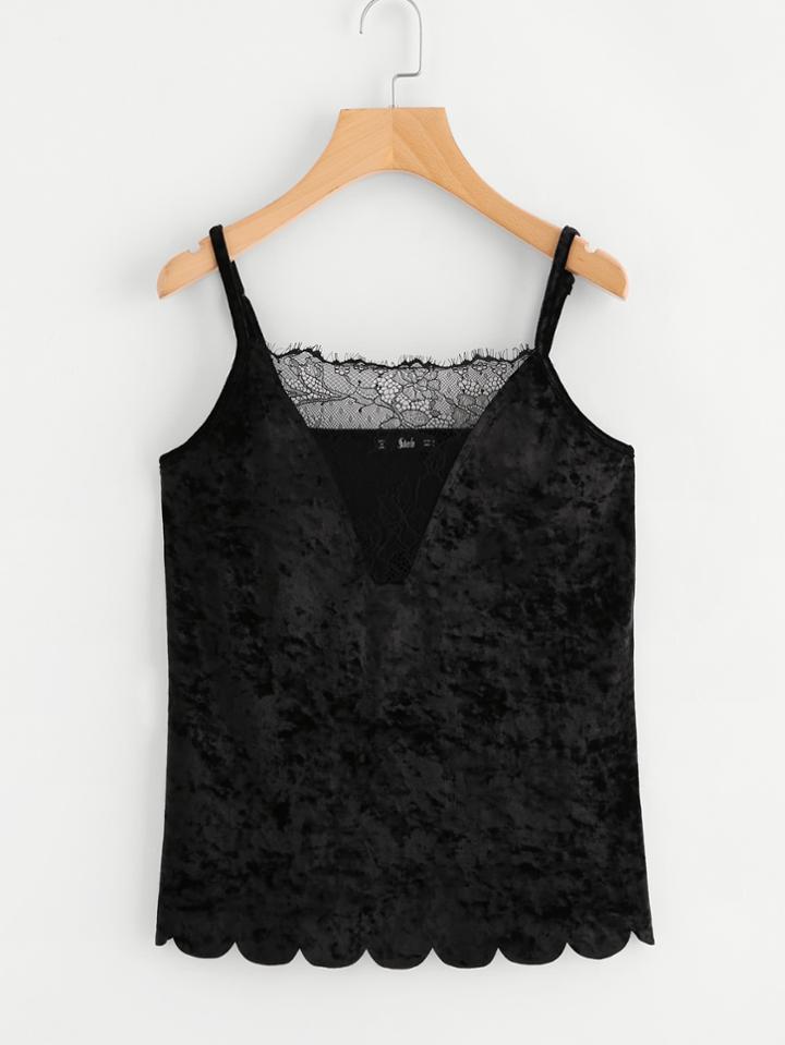 Shein Lace Insert Scallop Hem Velvet Cami Top