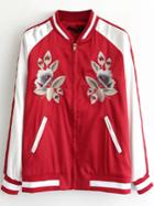 Shein Red Striped Trim Flower Embroidery Bomber Jacket With Zipper